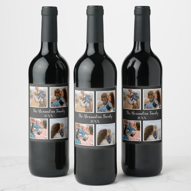 Personalized family 4 photo collage template wine label (Bottles)