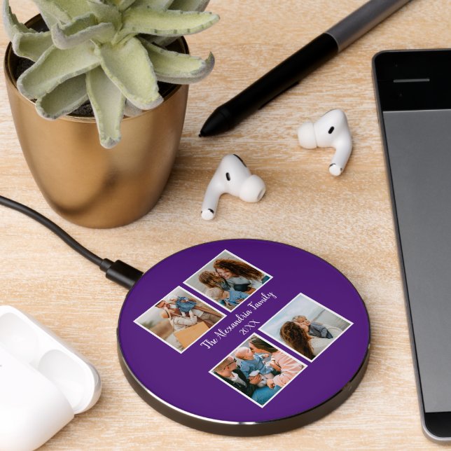 Personalized family 4 photo collage template wireless charger  (Desk 2)