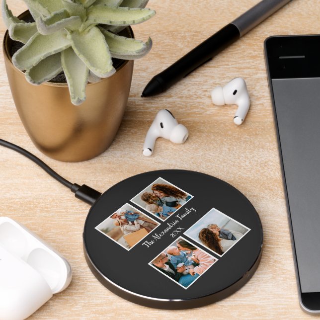 Personalized family 4 photo collage template wireless charger  (Desk 2)