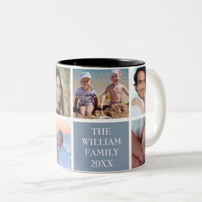Personalized Family 6 Photo Collage Dusty Blue Two-Tone Coffee Mug (Front Right)