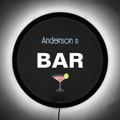 Personalized Family Bar  Cocktail Glass on Black LED Sign