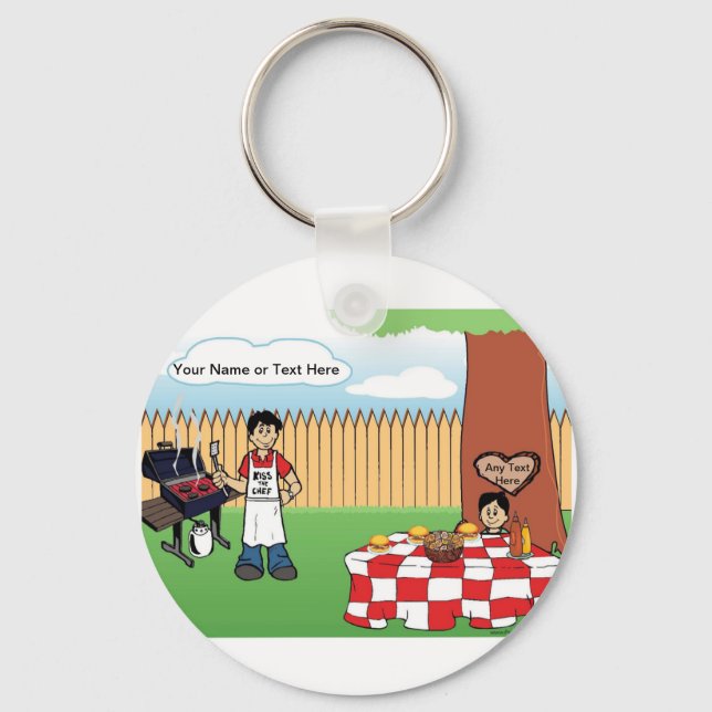 Personalized Family BBQ, Single Dad, 1 Boy Cartoon Keychain (Front)