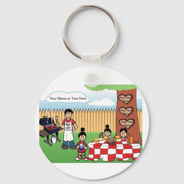 Personalized Family BBQ, Single Dad, 1 Boy Cartoon Keychain (Front)