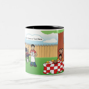 Personalized Family BBQ, Single Dad, 1 Boy Cartoon Two-Tone Coffee Mug