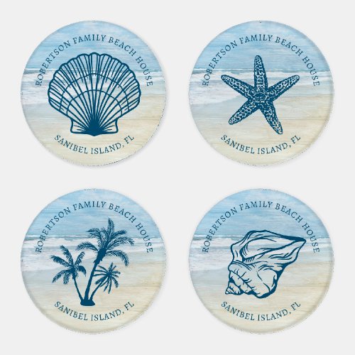 Personalized Family Beach House Coastal  Coaster Set