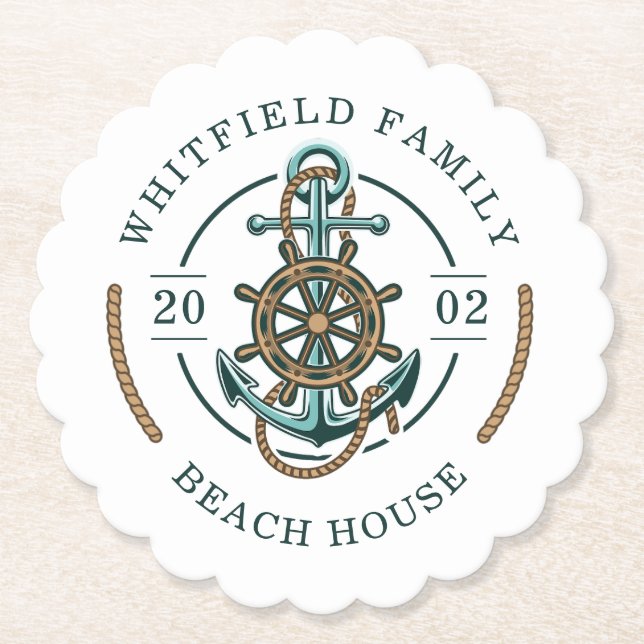 Personalized Family Beach House Custom Nautical Paper Coaster (Front)
