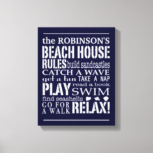 Personalized Family Beach House Rules Navy   White Canvas Print