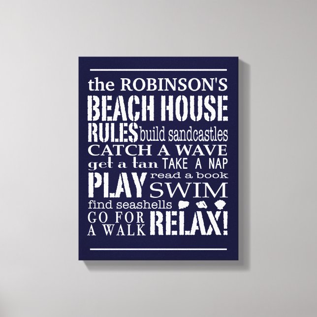 Personalized Family Beach House Rules Navy | White Canvas Print (Front)