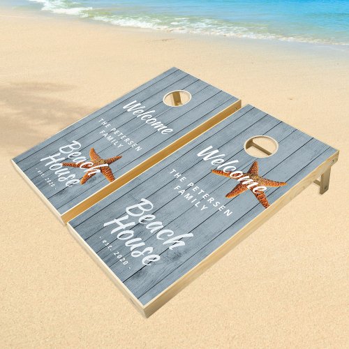 Personalized family beach house rustic wood cornhole set