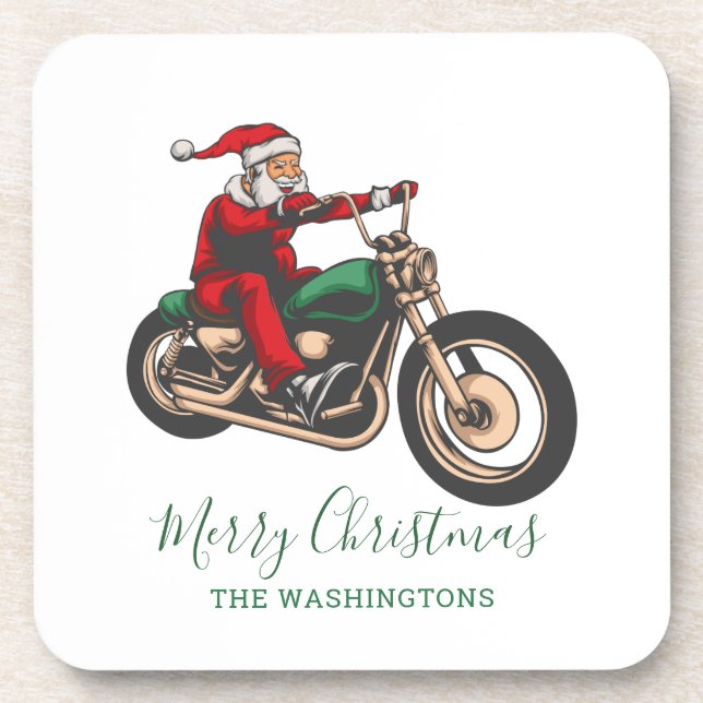 Personalized Family Biker Santa Christmas Beverage Coaster (Front)