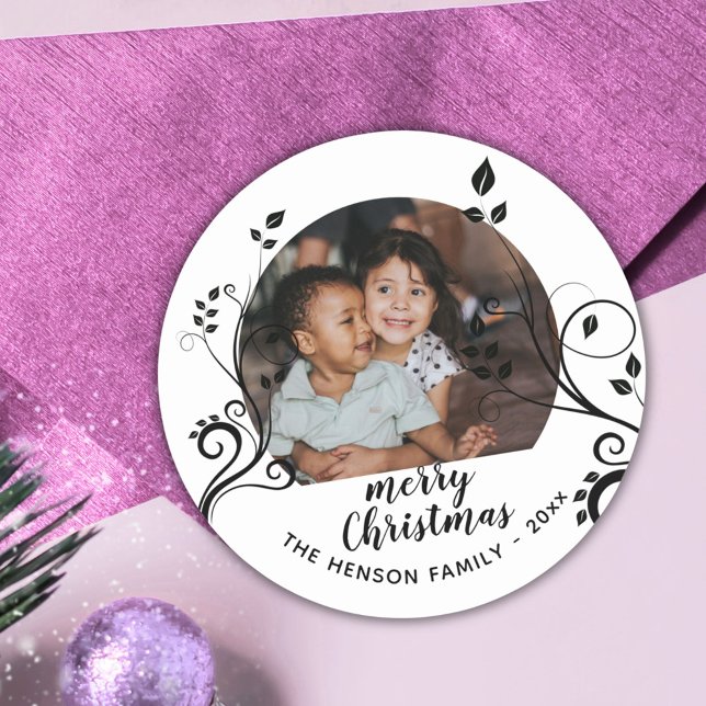 Personalized Family Black Foliage Christmas Photo  Classic Round Sticker (Creator Uploaded)