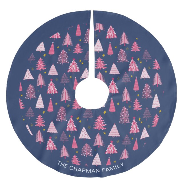 Personalized Family Blue & Pink Christmas Tree Brushed Polyester Tree Skirt (Front)