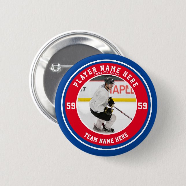 Personalized Family Blue Red Team Ice Hockey  Button (Front & Back)