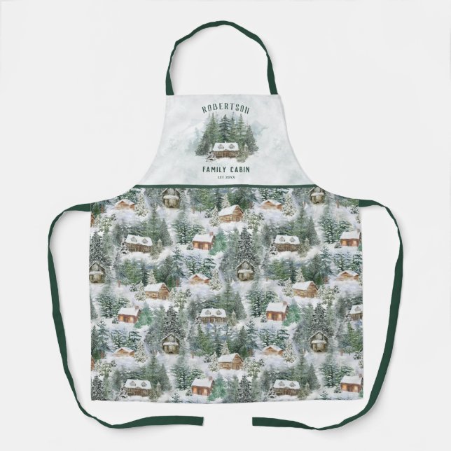 Personalized Family Cabin Winter Pine Forest Apron (Front)