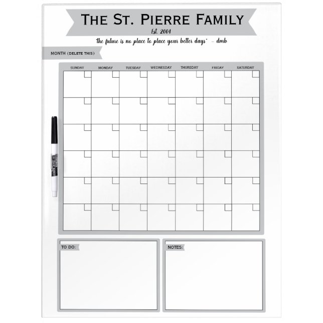 Personalized Family Calendar in Gray and White Dry Erase Board (Front)