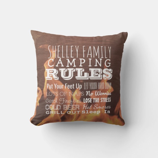 Personalized Family Camping Rules Rustic Outdoor Throw Pillow (Front)