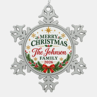 Personalized Family Christmas 2026 | Snowflake Pewter Christmas Ornament