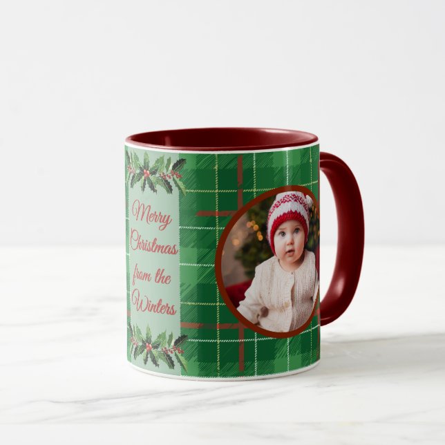 Personalized Family Christmas Green Plaid Mug (Front Right)