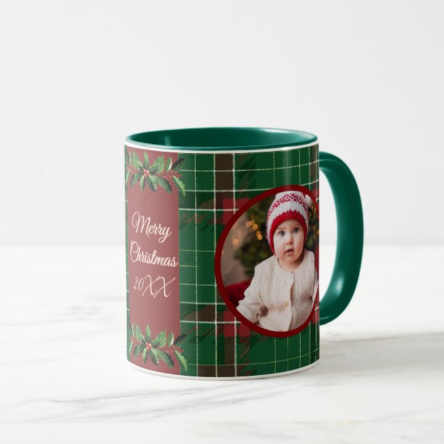 Personalized Family Christmas Green Plaid Mug (Front Right)