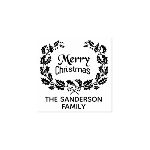 Personalized Family Christmas Holly Wreath Rubber Stamp