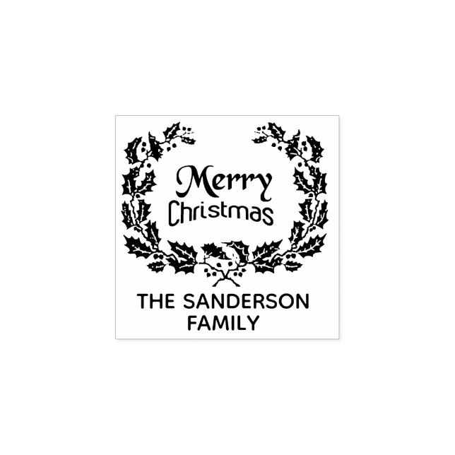 Personalized Family Christmas Holly Wreath Rubber Stamp (Imprint)