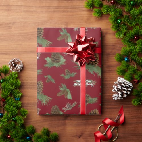 Personalized Family Christmas Pine Cone Boughs Wrapping Paper