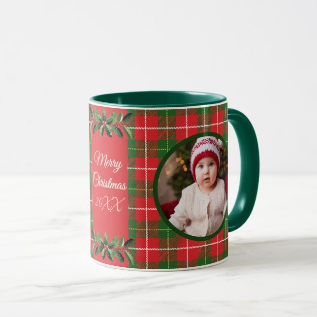 Personalized Family Christmas Red, Green Plaid Mug (Front Right)