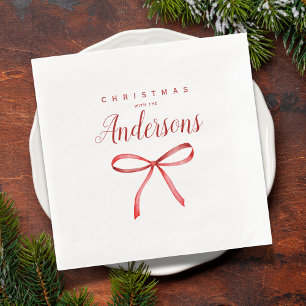 Personalized Family Christmas - red ribbon Paper Dinner Napkins