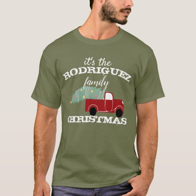 Personalized Family Christmas Red Truck and Tree T-Shirt (Front)