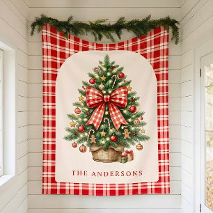 Personalized Family Christmas Tree Red Gingham Bow Fleece Blanket