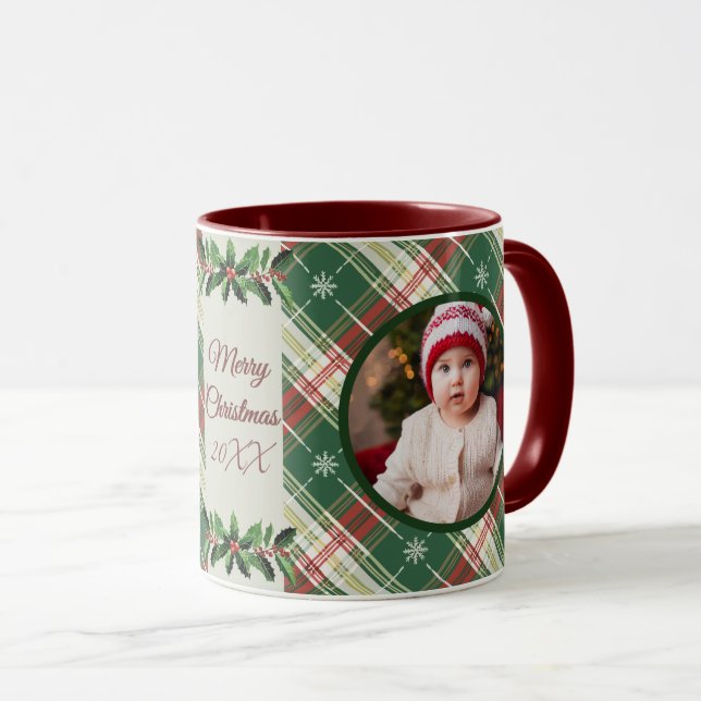 Personalized Family Christmas White, Green Plaid Mug (Front Right)