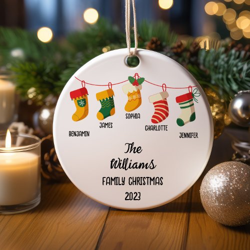 Personalized Family Christmas With 5 custom names Ceramic Ornament