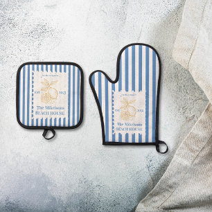 Personalized Family Coastal Lemon Beach House Deco Oven Mitt & Pot Holder Set