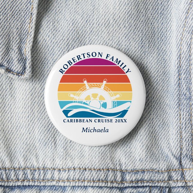 Personalized Family Cruise Retro Sunset Ship Wheel Button (Creator Uploaded)