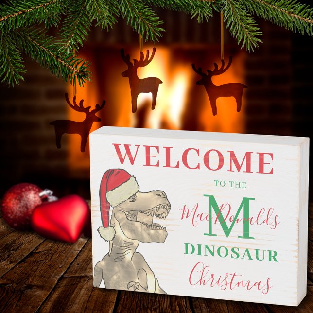 Personalized Family Dinosaur Christmas Welcome Wooden Box Sign (Christmas Dinosaur T-Rex family welcome wooden box sign with monogram initial and name)