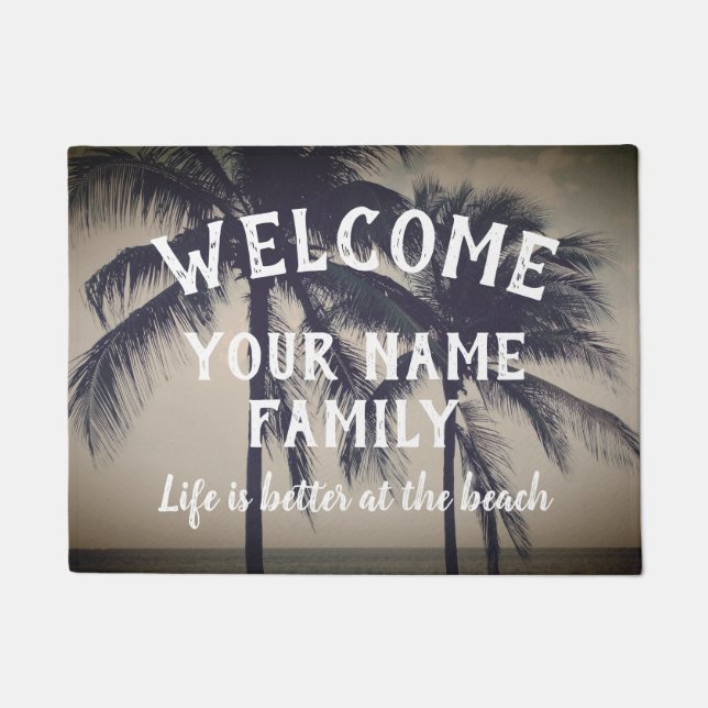Personalized family doormat with cool beach photo (Front)