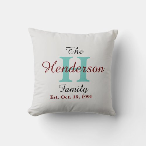 Personalized Family Established Name Initial Grey Throw Pillow