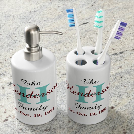 Personalized Family Established - Name & Initial - Soap Dispenser And Toothbrush Holder (Front)
