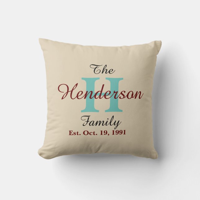 Personalized Family Established Name & Initial Throw Pillow (Front)