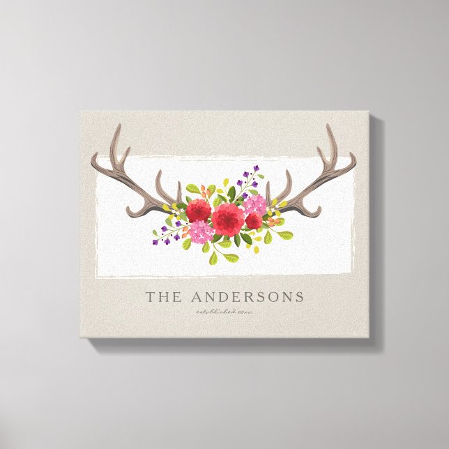 Personalized Family Floral Deer Antler | Summer Canvas Print (Front)
