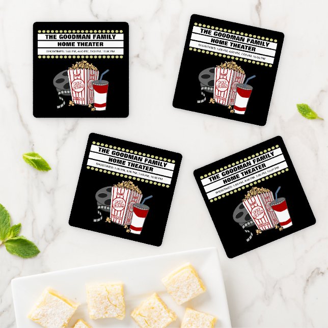 Personalized Family Home Movie Theater Custom Coaster Set (In Situ)