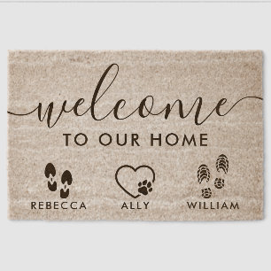Personalized Family Home with Foot and Paw Prints Fiber Doormat