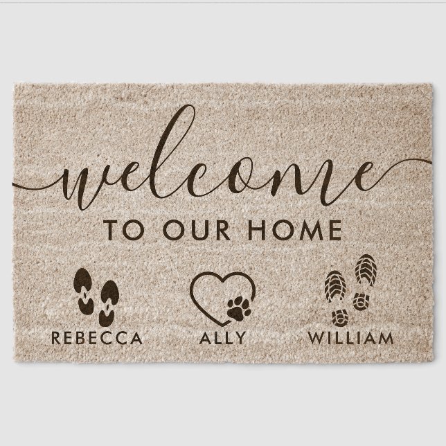 Personalized Family Home with Foot and Paw Prints Fiber Doormat (Front)