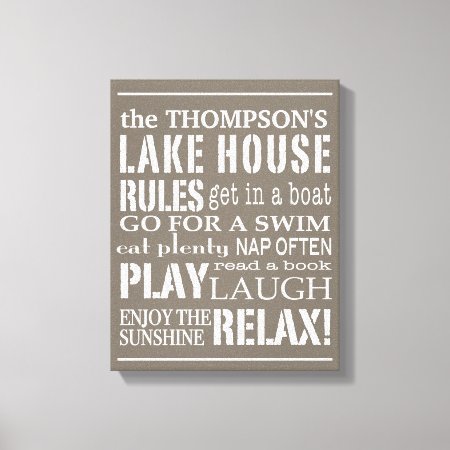 Personalized Family Lake House Rules Brown | White Canvas Print