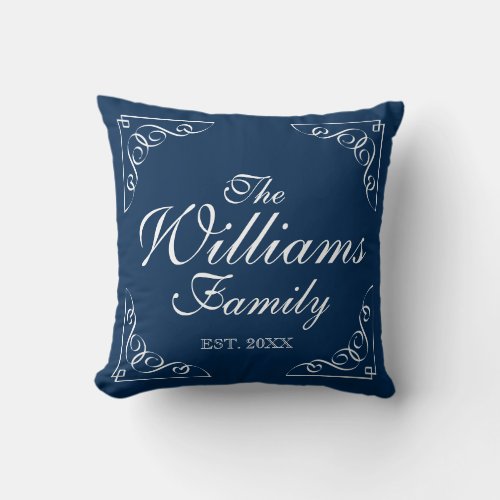 Personalized family last name blue throw pillows