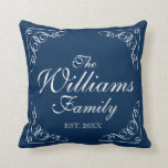 Personalized family last name blue throw pillows<br><div class="desc">Navy blue and white family name swirl and flourish throw pillow. Personalized home decor cushion for sofa, couch or bed in bedroom. Stylish script calligraphy typography for custom surname. Classy ornate border with beautiful swirly flourished decorations. Chic vintage template design with personalizable last name. Cute gift idea for wedding, birthday,...</div>