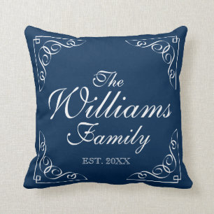 Personalized family last name blue throw pillows