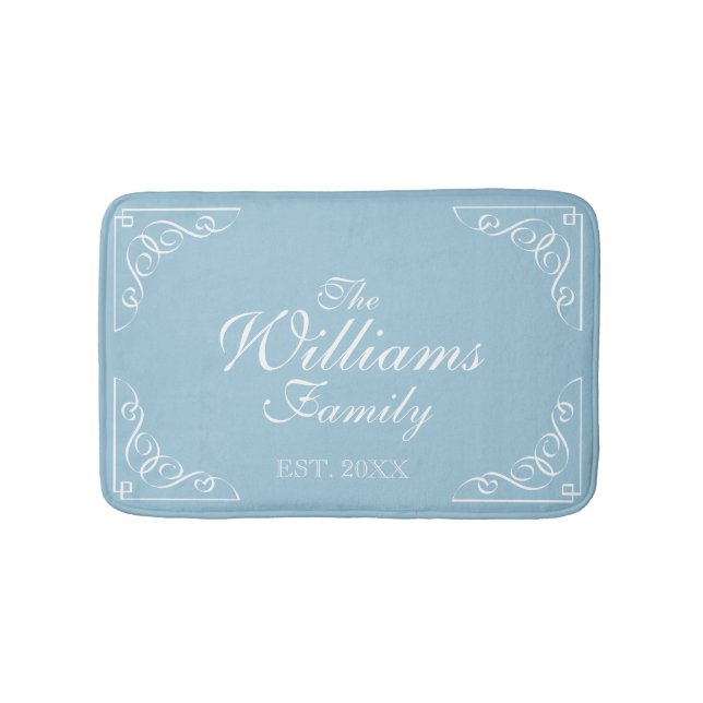 Personalized family last name Est. blue bath mat (Front)