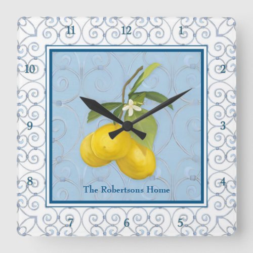 Personalized Family Lemons on Tree Branch w Leaves Square Wall Clock