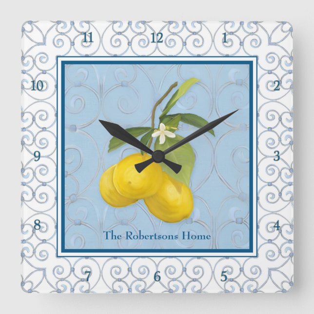 Personalized Family Lemons on Tree Branch w Leaves Square Wall Clock (Front)